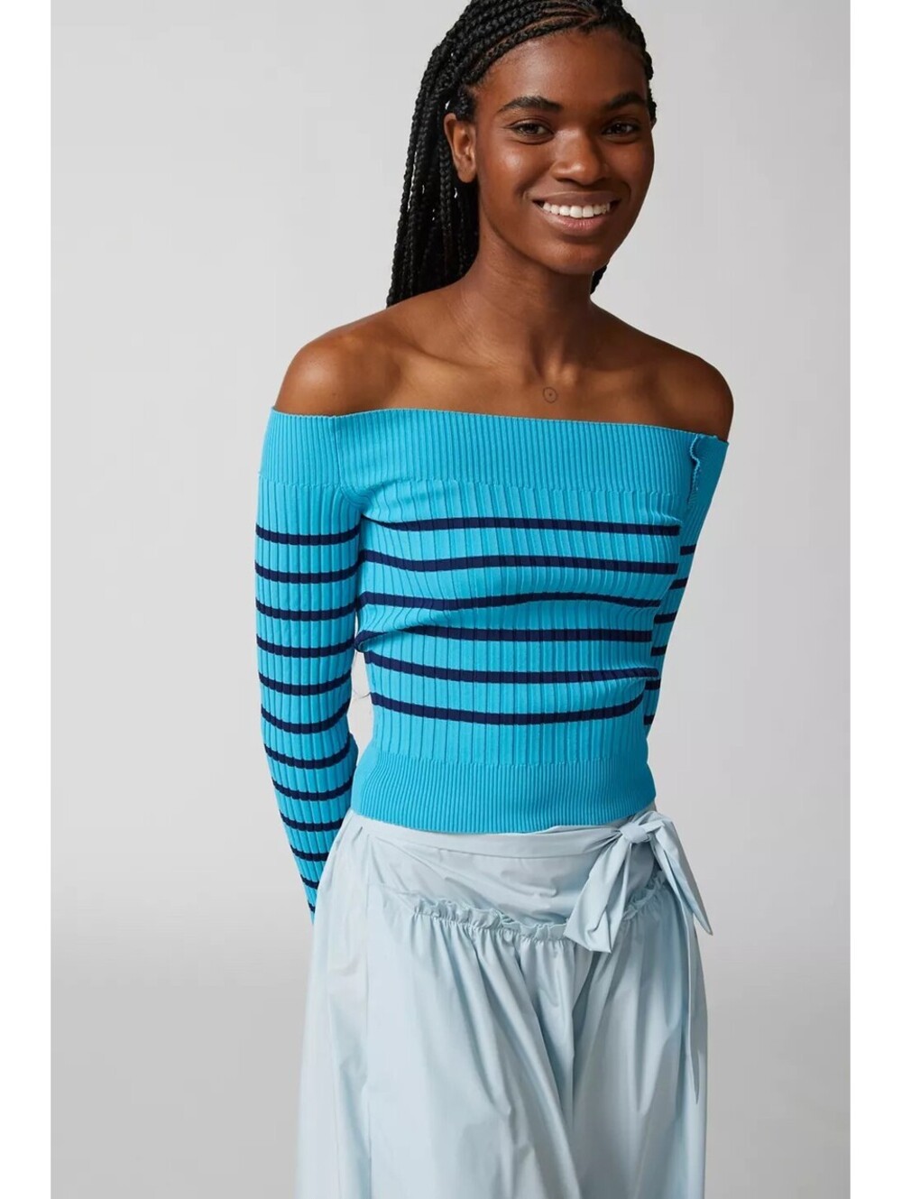 Off-Shoulder Ribbed Knit Sweater with Button Detail in Blue and Navy Stripes